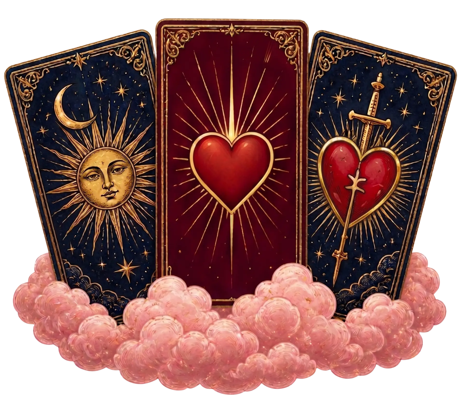 Tre carte dei tarocchi su nuvole rosa
